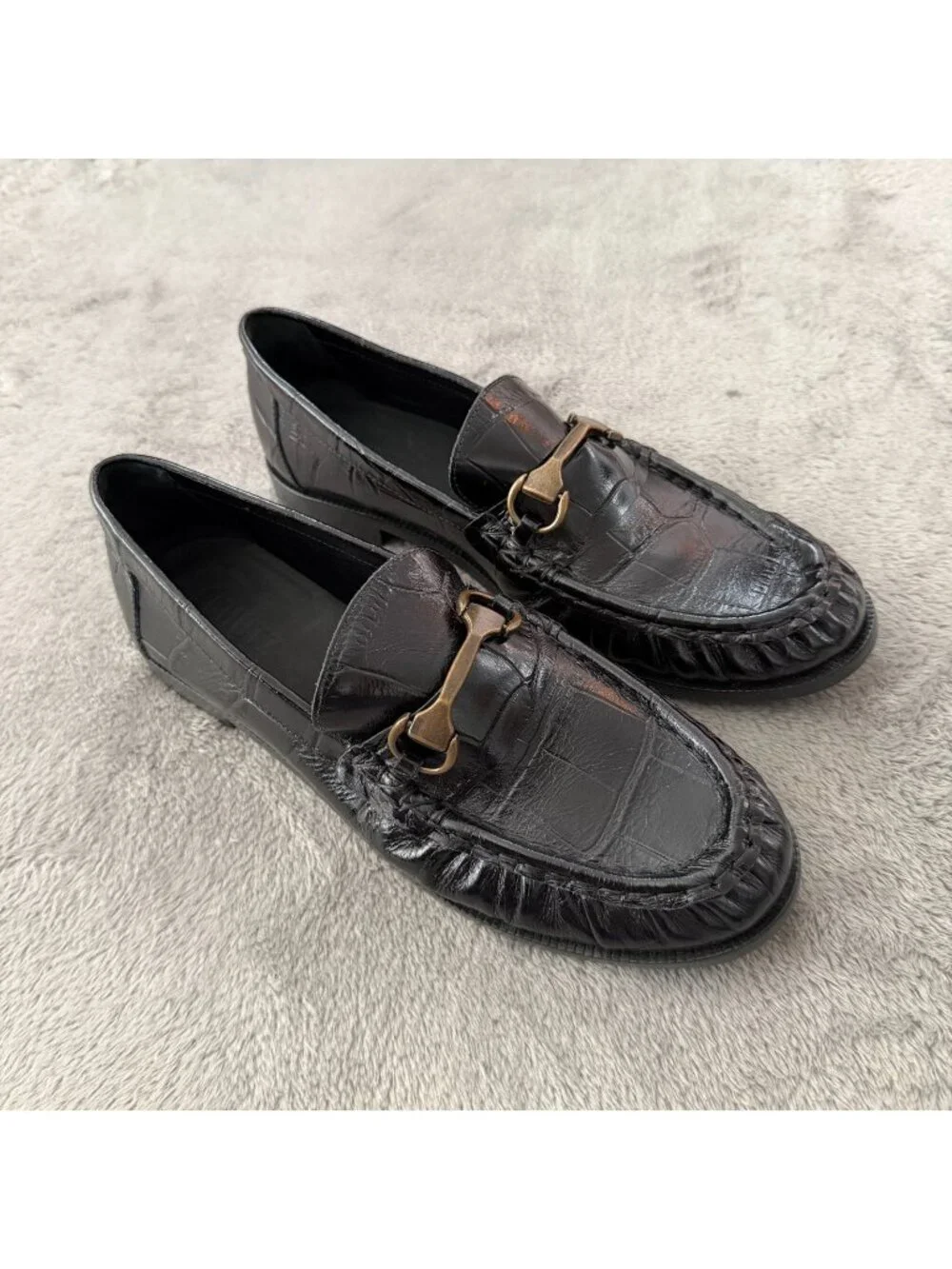 Schutz Evereve Yasmina Croc Embossed Black Leather Penny Loafers 8 Shoes